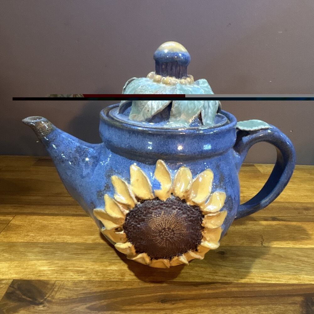 Artisan Studio Pottery Sunflower Teapot Blue Hand Thrown Ceramic Signed